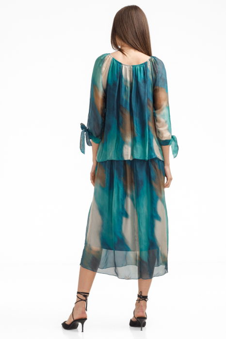 Rochie lunga din matase si vascoza, cu suprapunere si imprimeu abstract turcoaz [3]