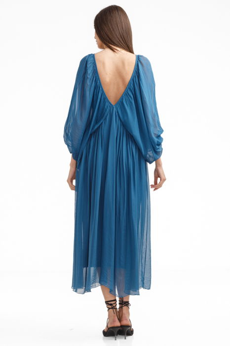 Rochie lunga din matase si vascoza, cu maneci ample si decolteu adanc, turcoaz inchis [4]