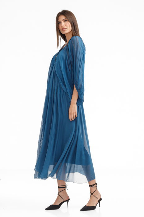 Rochie lunga din matase si vascoza, cu maneci ample si decolteu adanc, turcoaz inchis [3]