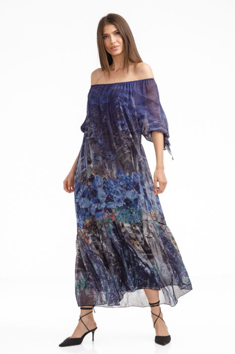 Rochie lunga din matase si vascoza,, cu imprimeu floral pictural pe fond bleumarin [3]