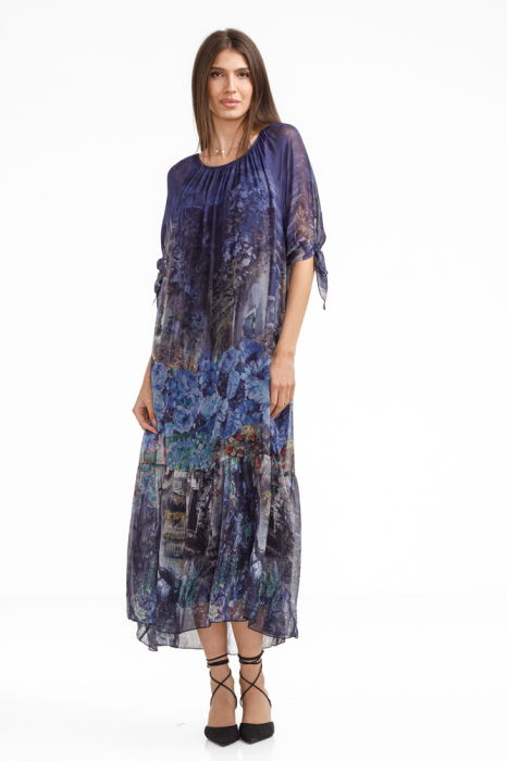 Rochie lunga din matase si vascoza,, cu imprimeu floral pictural pe fond bleumarin