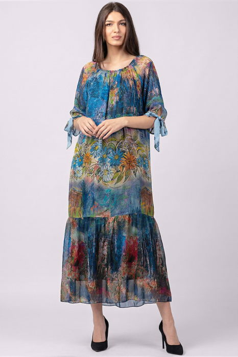 Rochie lunga din matase si vascoza, cu imprimeu pictural in nuante de albastru [2]