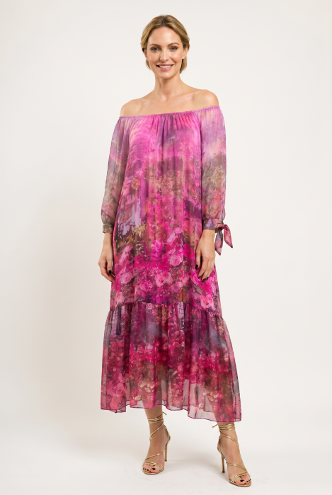 Rochie lunga din matase si vascoza, cu imprimeu floral artistic, fucsia