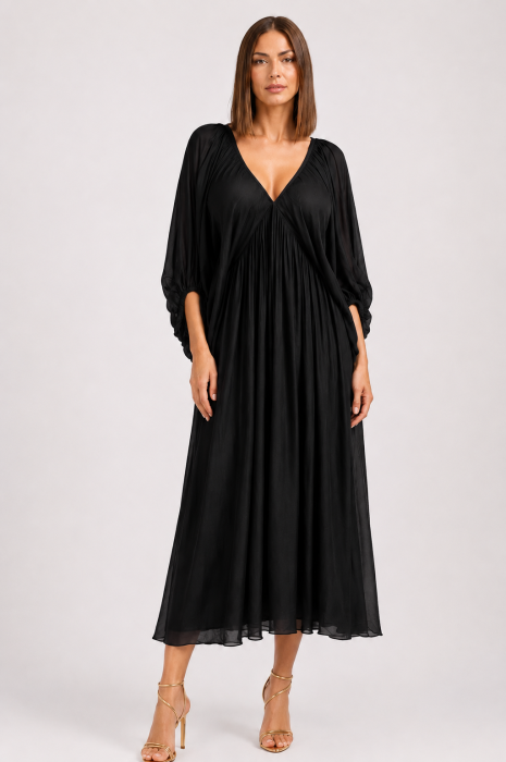 Rochie lunga din matase si vascoza, cu maneci ample si decolteu adanc, neagra