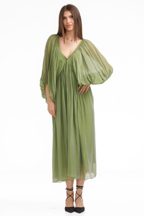 Rochie lunga din matase si vascoza, cu maneci ample si decolteu adanc, verde olive [2]