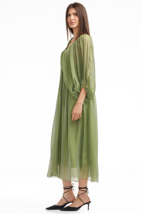 Rochie lunga din matase si vascoza, cu maneci ample si decolteu adanc, verde olive [3]