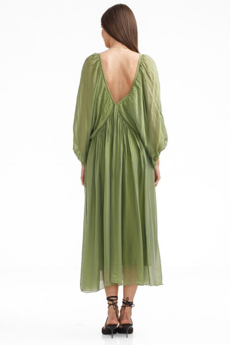 Rochie lunga din matase si vascoza, cu maneci ample si decolteu adanc, verde olive [4]