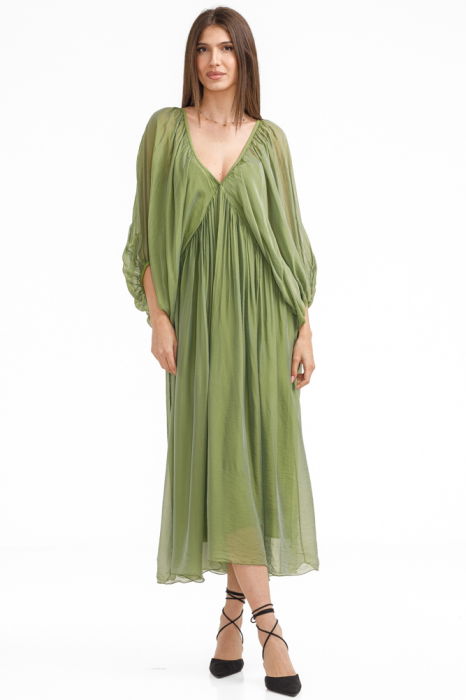 Rochie lunga din matase si vascoza,, cu maneci ample si decolteu adanc, verde olive