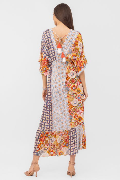 Rochie lunga din vascoza cu decolteu in V, imprimeu decorativ si volane [3]