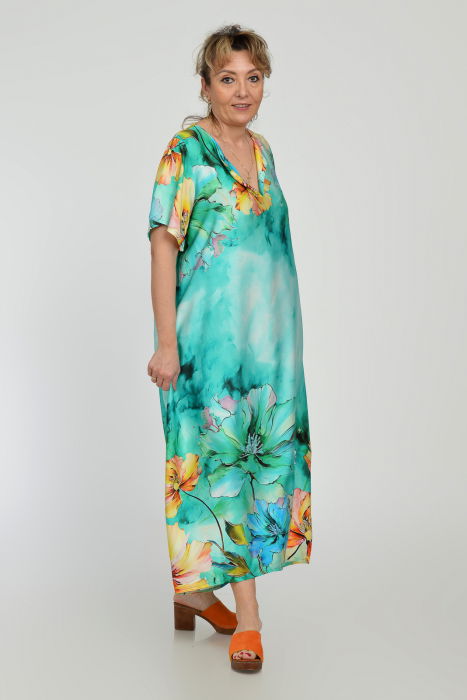 Rochie lunga A-line din vascoza cu matase, cu imprimeu floral pictural pe fond turcoaz [4]