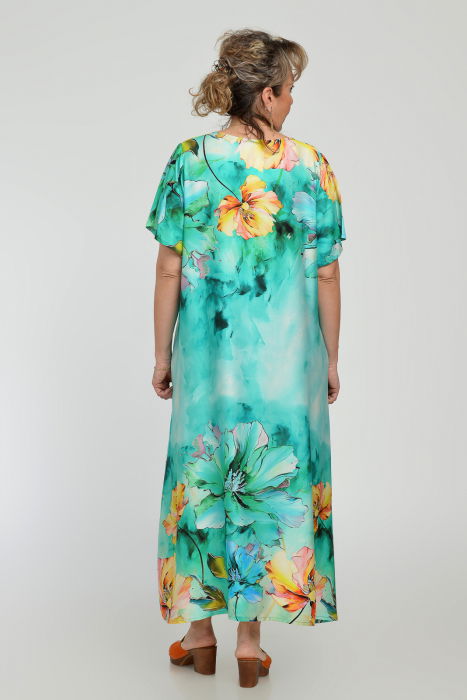 Rochie lunga A-line din vascoza cu matase, cu imprimeu floral pictural pe fond turcoaz [7]