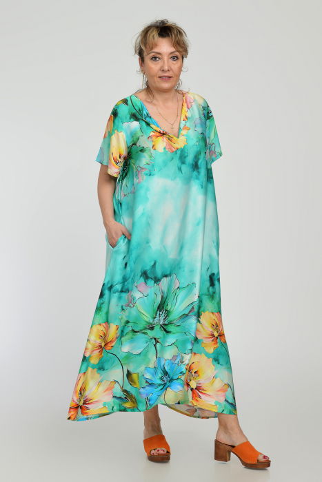 Rochie lunga A-line din vascoza cu matase, cu imprimeu floral pictural pe fond turcoaz [6]