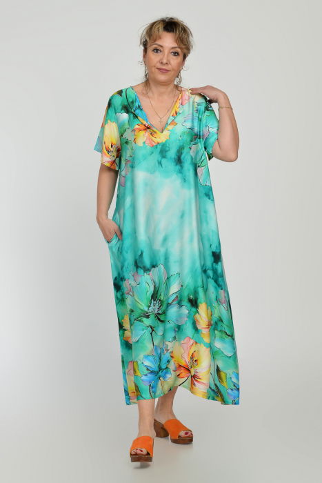 Rochie lunga A-line din vascoza cu matase, cu imprimeu floral pictural pe fond turcoaz [2]