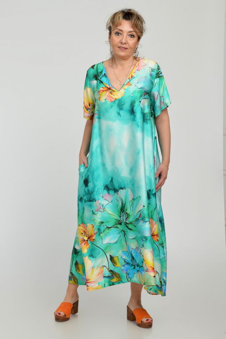 Rochie lunga A-line din vascoza cu matase, cu imprimeu floral pictural pe fond turcoaz [5]