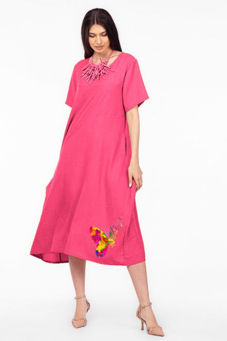Rochie lunga fucsia din in mercerizat, marime oversize cu fluture stilizat [2]