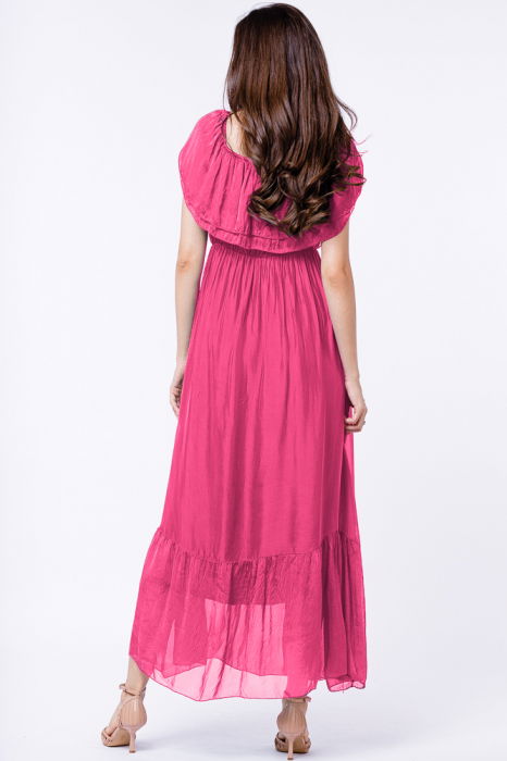Rochie lunga, fucsia, din matase si vascoza, cu volan pe umeri [3]