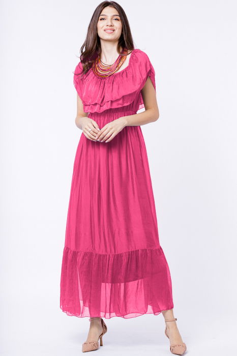 Rochie lunga, fucsia, din matase si vascoza, cu volan pe umeri