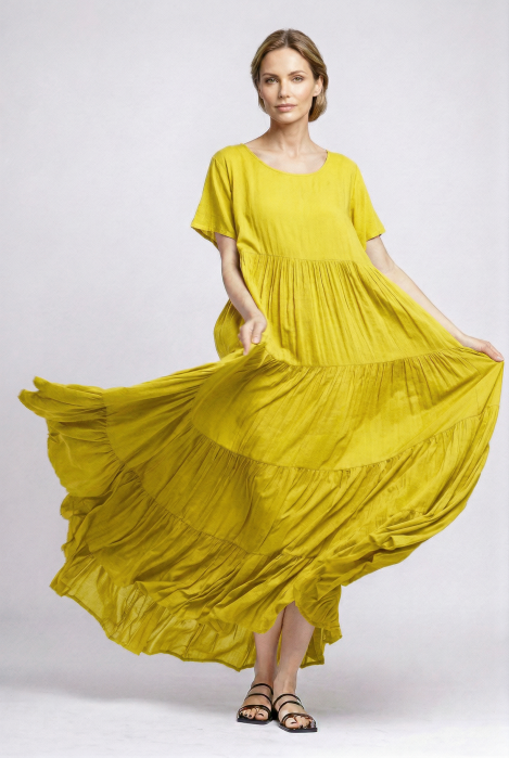 Rochie lunga, croi amplu cu patru volane, stil boem elegant galbena