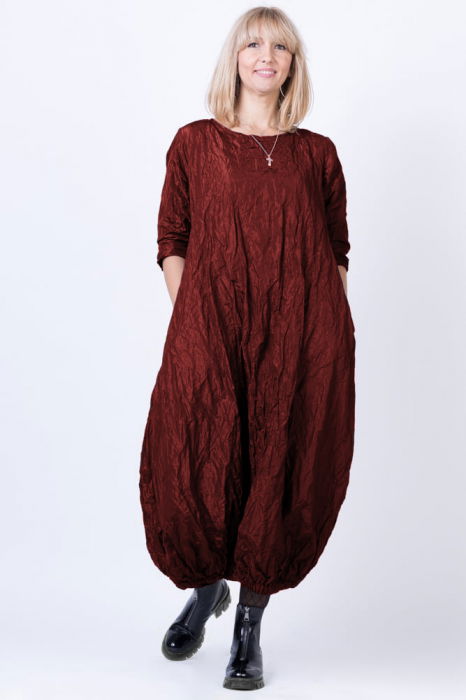 Rochie lunga gogosar din tafta cu memorie, bordo metalizat