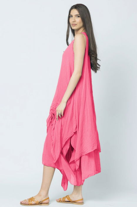 Rochie lunga in colturi, din batist de bumbac, fucsia [2]