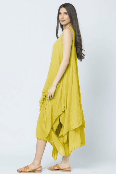 Rochie lunga in colturi, din batist de bumbac, galben [2]