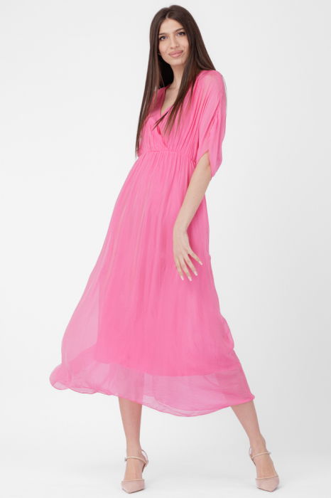 Rochie lunga in colturi, din matase si vascoza, cu bust petrecut, roz fucsia [2]
