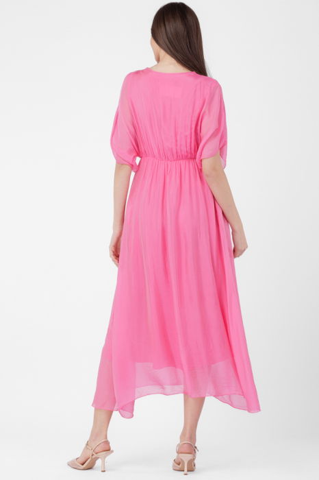 Rochie lunga in colturi, din matase si vascoza, cu bust petrecut, roz fucsia [4]