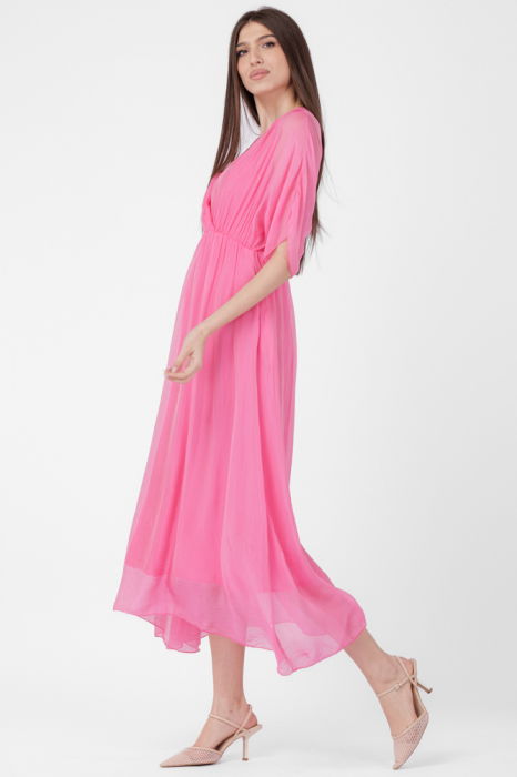 Rochie lunga in colturi, din matase si vascoza, cu bust petrecut, roz fucsia [3]