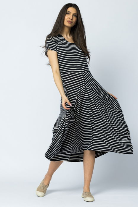 Rochie lunga in colturi, din tricot de bumbac, dungi bleumarin-alb