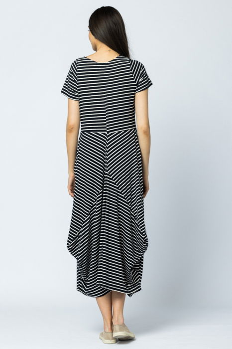 Rochie lunga in colturi, din tricot de bumbac, dungi bleumarin-alb [3]