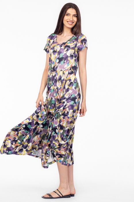 Rochie lunga in colturi, din tricot de vascoza, imprimeu abstract mov [2]