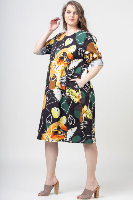 Rochie midi din bumbac cu imprimeu abstract pe fond negru [3]