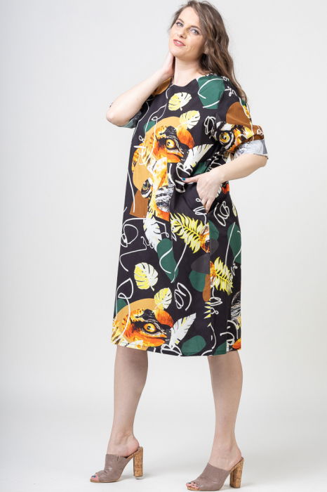 Rochie midi din bumbac cu imprimeu abstract pe fond negru [4]