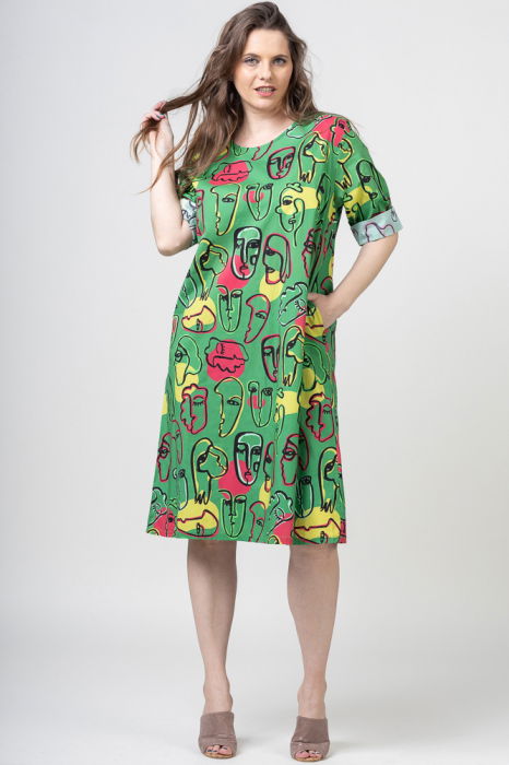 Rochie midi din bumbac cu imprimeu chipuri pe fond verde [2]