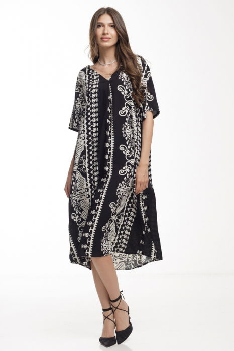 Rochie neagra din vascoza fluida, cu imprimeu grafic alb [1]