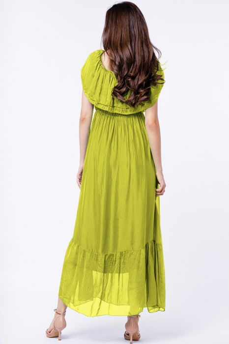 Rochie lunga, verde praz, din matase si vascoza, cu volan pe umeri [3]