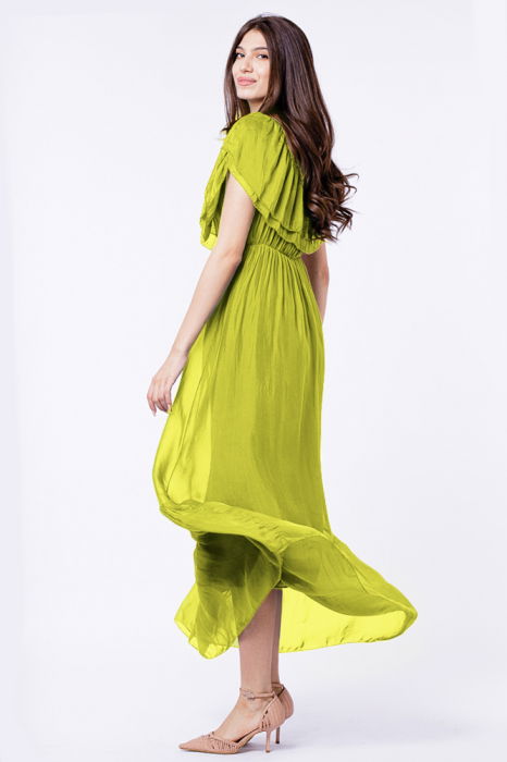 Rochie lunga, verde praz, din matase si vascoza, cu volan pe umeri [2]