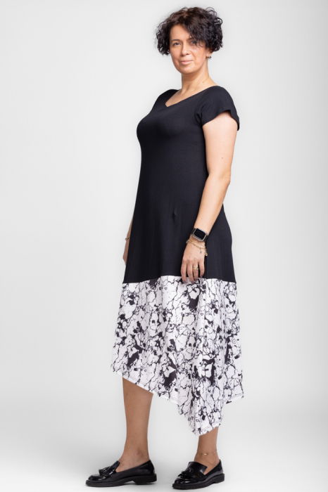 Rochie A-line cu colt alb-negru marmorat, din jerseu de bumbac [2]