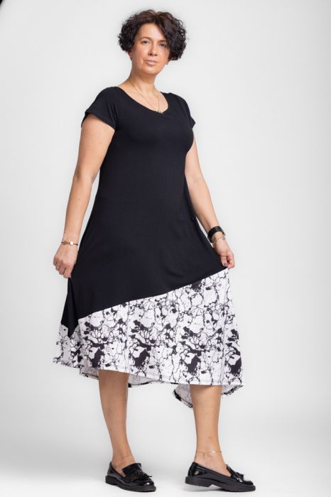 Rochie A-line cu colt alb-negru marmorat, din jerseu de bumbac [4]