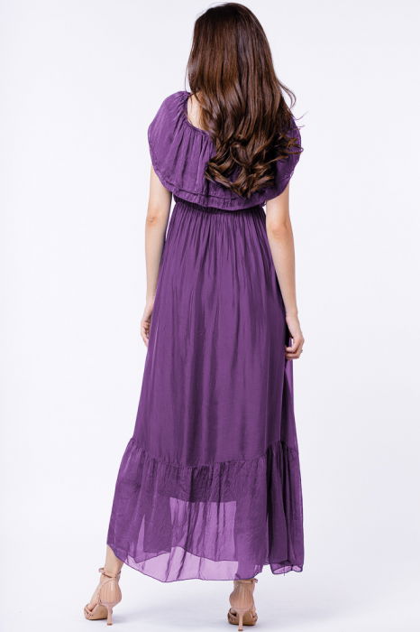 Rochie lunga, mov, din matase si vascoza, cu volan pe umeri [3]