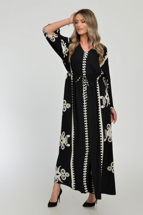 Rochie lunga, neagra, cu elastic in talie si imprimeu decoativ alb, din vascoza [12]