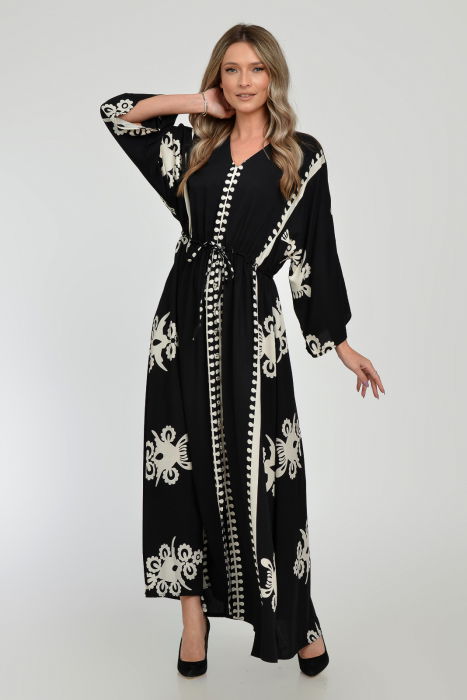 Rochie lunga, neagra, cu elastic in talie si imprimeu decoativ alb, din vascoza [6]