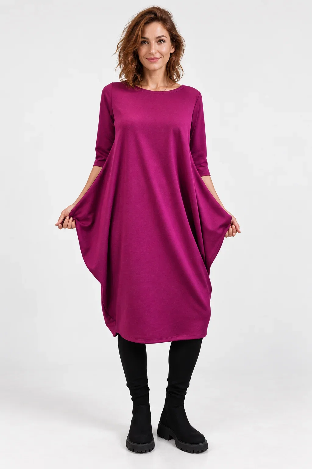 Rochie midi din jerseu de vascoza cu colturi laterale, croi cocon, magenta