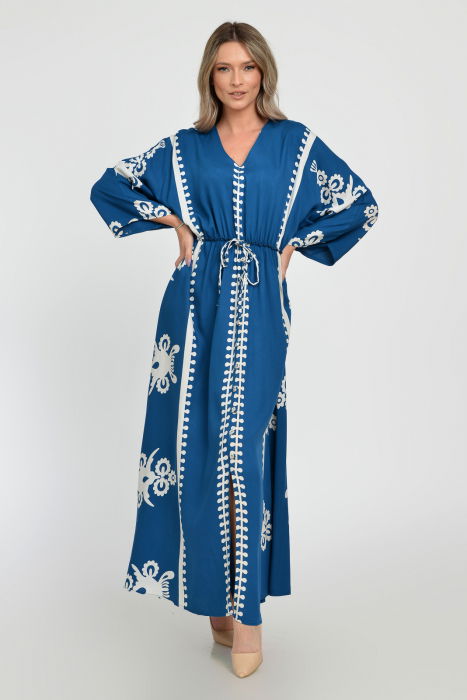 Rochie lunga, albastru turcoaz, cu elastic in talie si imprimeu decoativ alb, din vascoza [3]