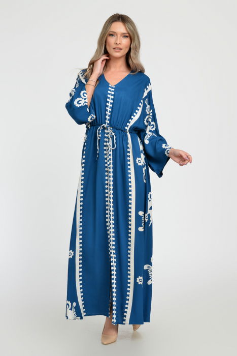 Rochie lunga, albastru turcoaz, cu elastic in talie si imprimeu decoativ alb, din vascoza [8]