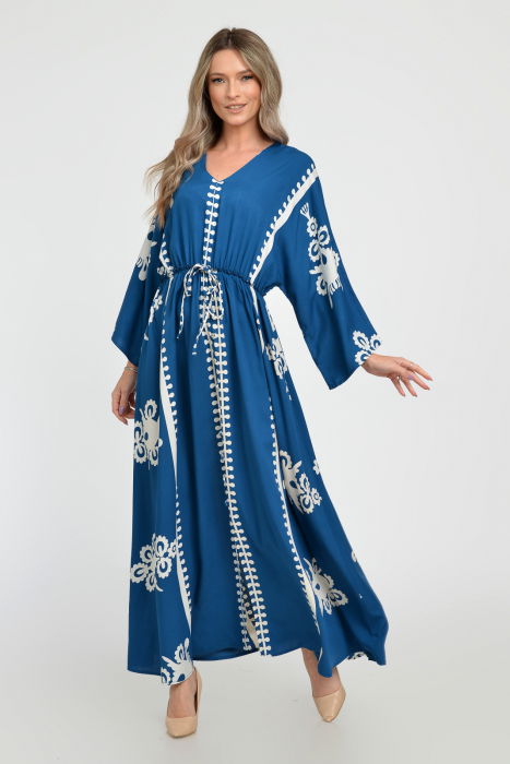 Rochie lunga, albastru turcoaz, cu elastic in talie si imprimeu decoativ alb, din vascoza [1]