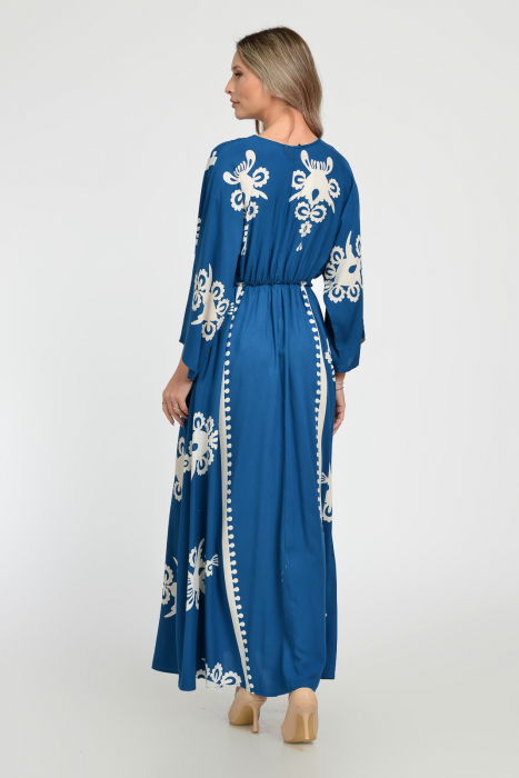 Rochie lunga, albastru turcoaz, cu elastic in talie si imprimeu decoativ alb, din vascoza [13]