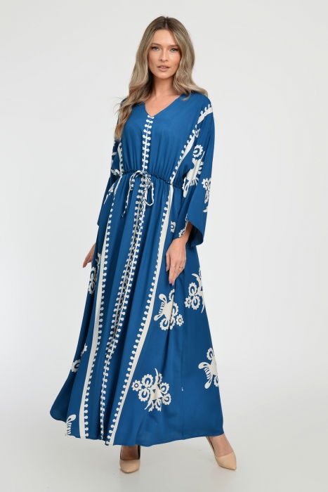 Rochie lunga, albastru turcoaz, cu elastic in talie si imprimeu decoativ alb, din vascoza [10]