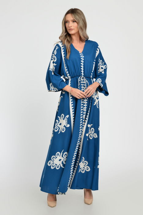Rochie lunga, albastru turcoaz, cu elastic in talie si imprimeu decoativ alb, din vascoza [7]
