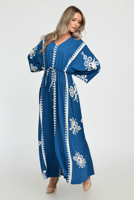 Rochie lunga, albastru turcoaz, cu elastic in talie si imprimeu decoativ alb, din vascoza [5]